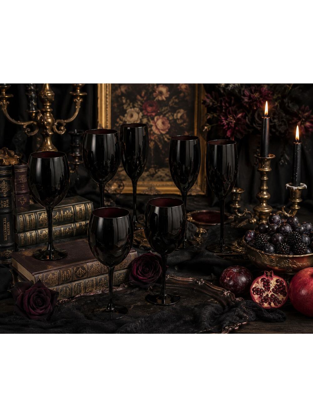 Black Glass Stemware Set of 7 Wine Goblets & Champagne Flutes